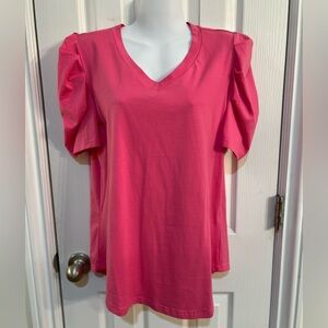 Boutique Pink V-Neck Puff Sleeve Top
